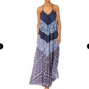 BCBGMAXAZRIA Juan Boho Sleeveless Halter Print Pleated Maxi Dress Navy Blue XXS